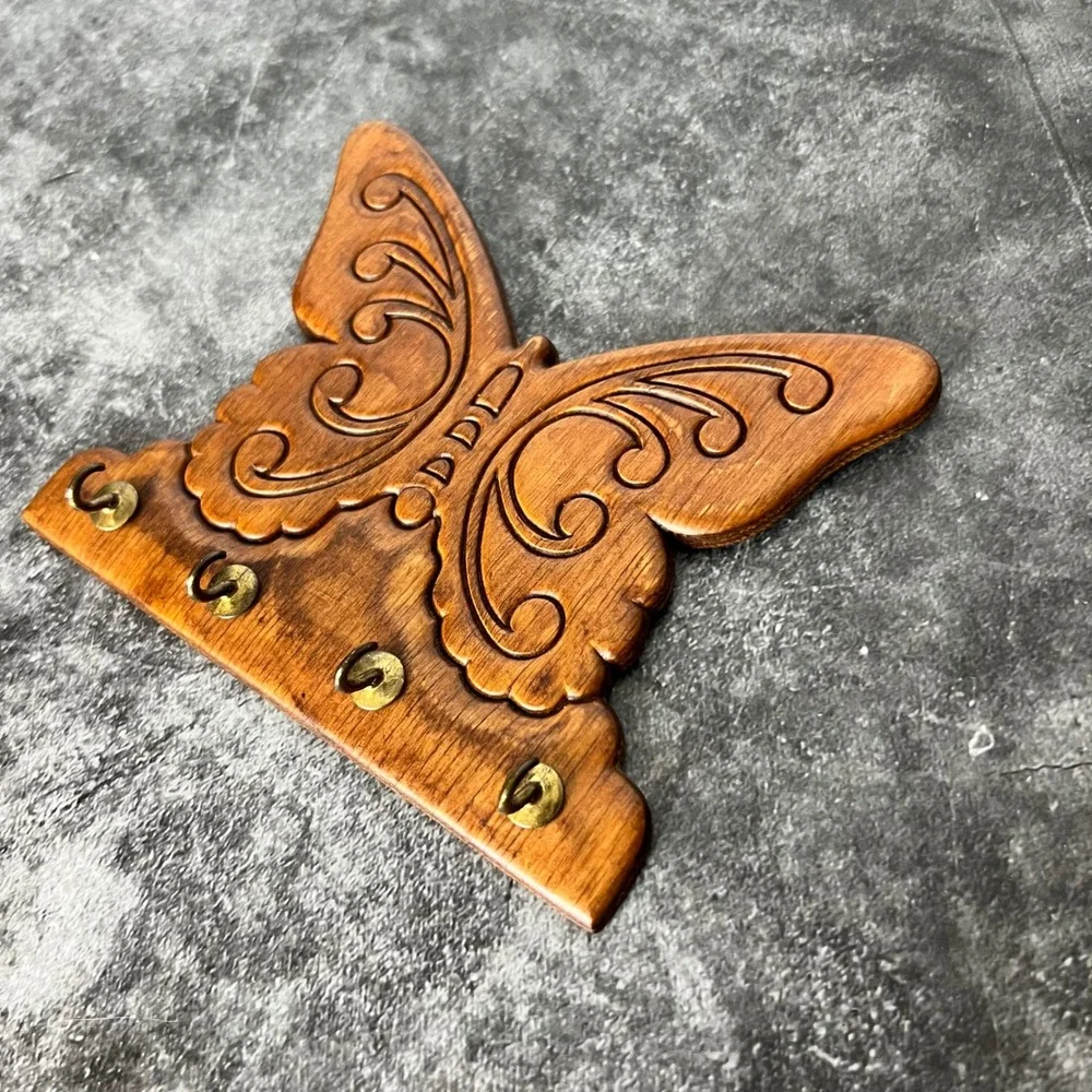 Vintage Wooden Carved Butterfly Wall-Mounted Key Holder | Cottage Fairy